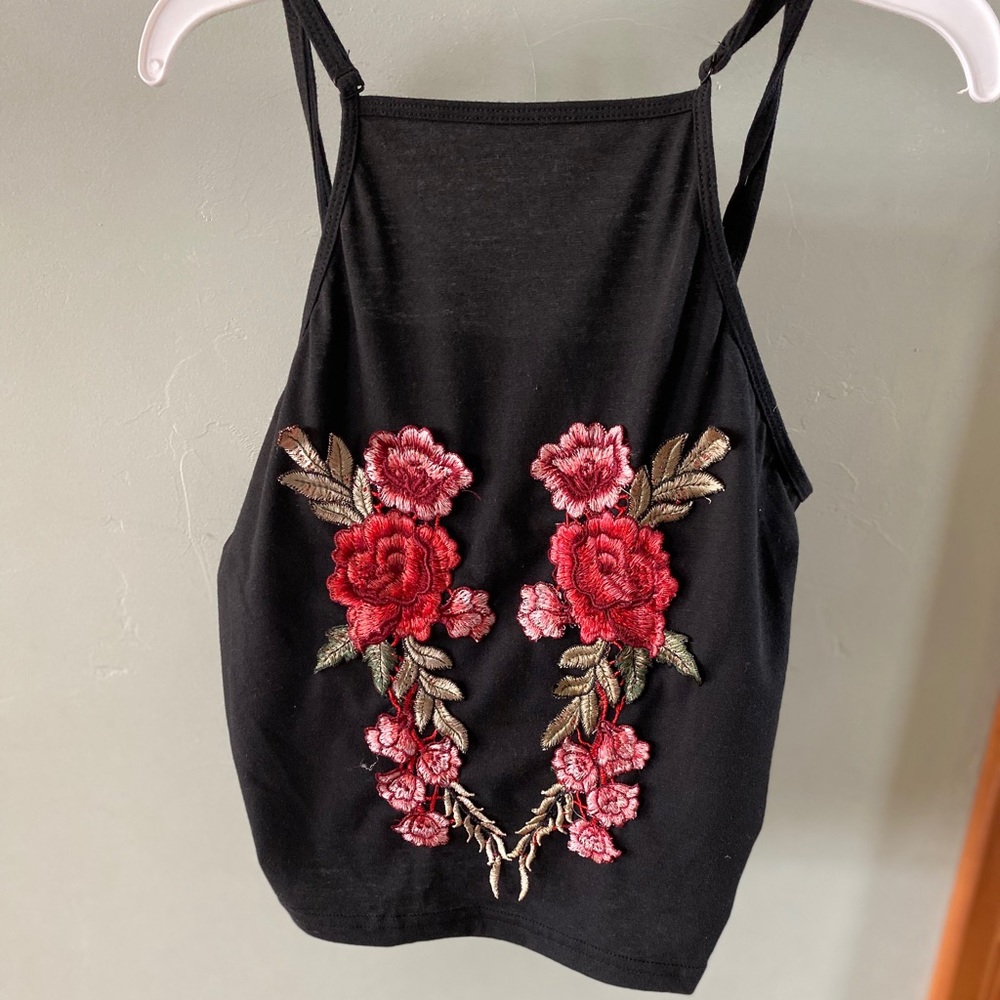lanshifei black floral embroidered tank top
